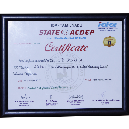 Dental Implant Training, IDA Tamil Nadu certificate