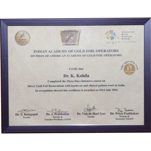 Clinical Certificate, Indian Academy of Gold Foil Operators certificate