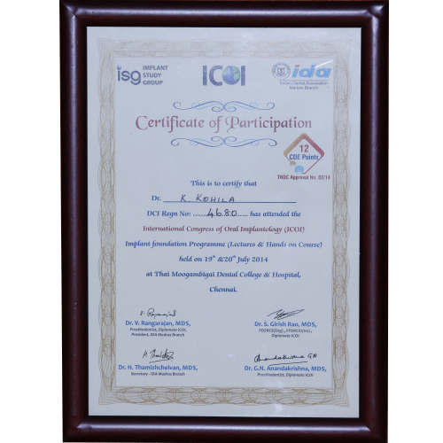 International Congress of Oral Implantology certificate
