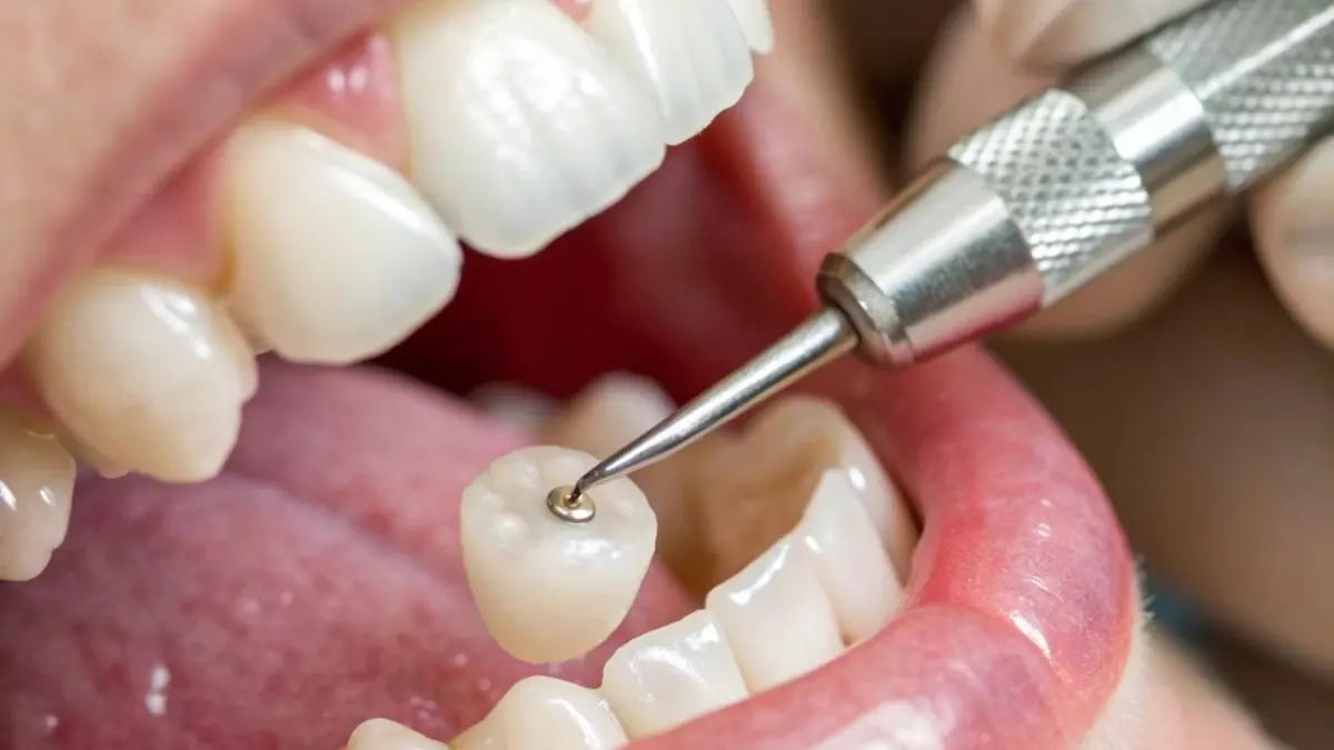 Dentist fitting a dental crown onto a tooth