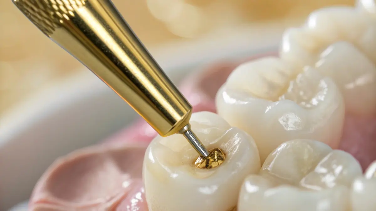 Dental instrument placing a tooth-colored filling in a molar
