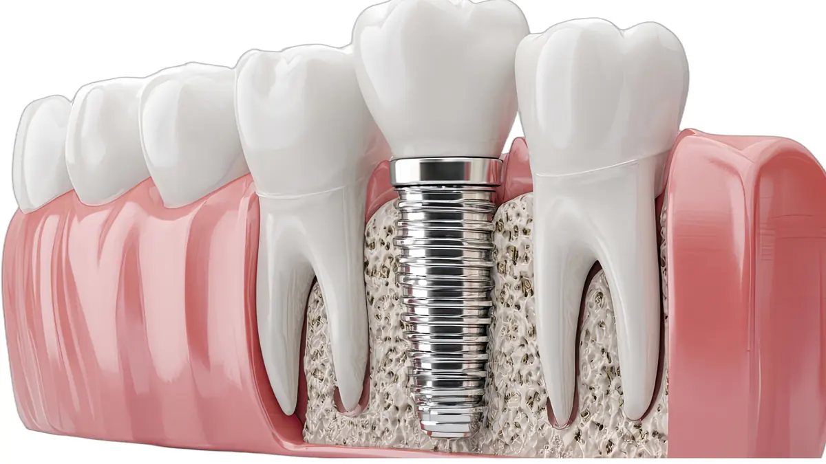 Cross-section illustration of a dental implant post between natural teeth